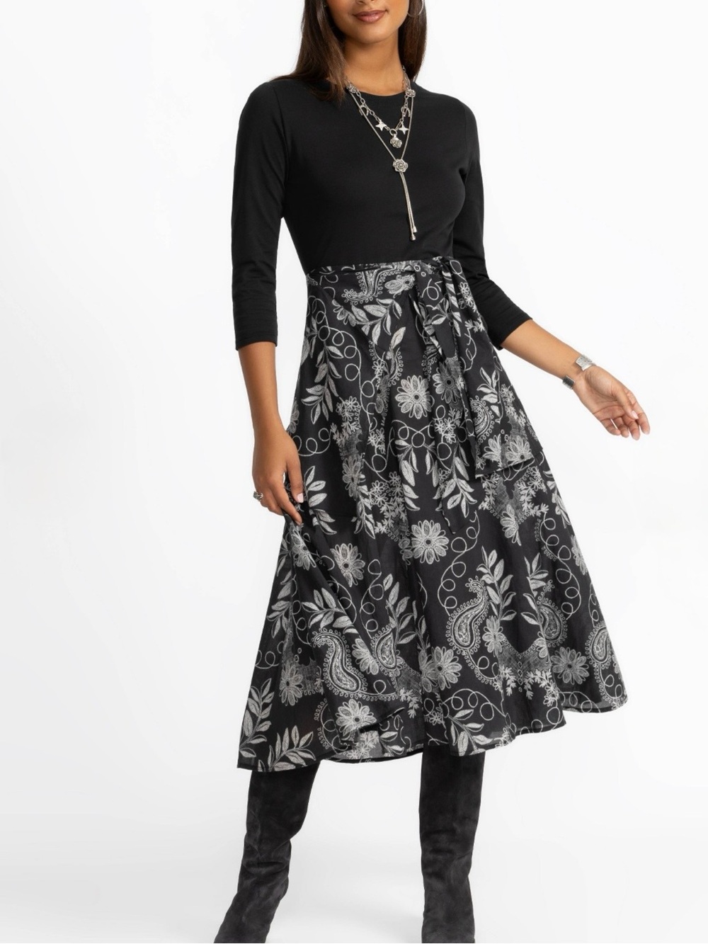 JOHNNY WAS Mixed Media Wrap Tie
DRESS - MARANA. Size Large. Black/Gray Floral
